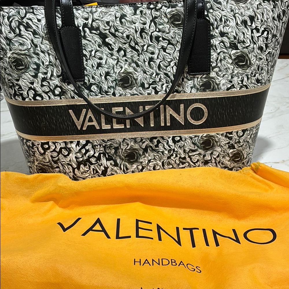 Valentino Black and White Tote Bag with Floral Print